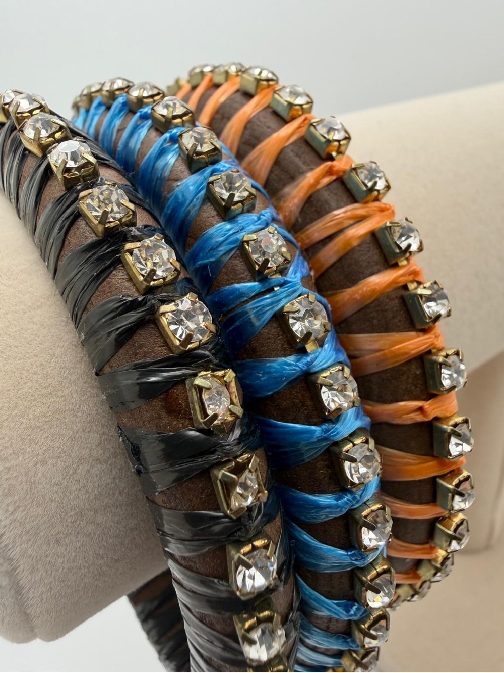 Colorful Wrapped Rhinestone Stackable Bracelet Set - Orange Blue Brown